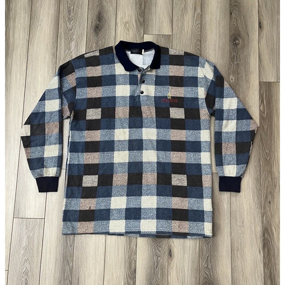 Vintage Nautica Long Sleeve Rugby Polo Shirt Plaid Mens Sz XL 100% Rayon USA